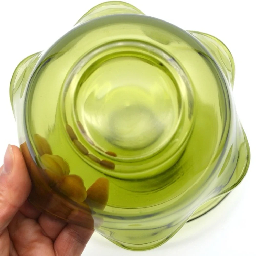 Vintage 70s Green Glass Bowl Plate Serving Spoon Set 1970s Fluted Ribbon Rim MCM